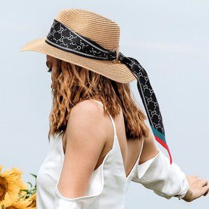 COPY - Patterned Scarf Band Straw Sun Hat